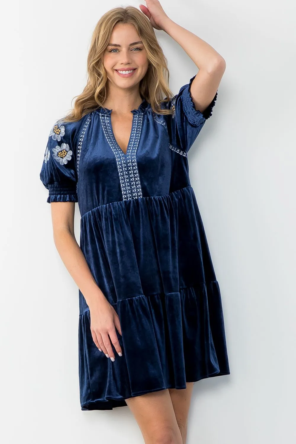 Cobalt Embroidered Velvet Dress-THML