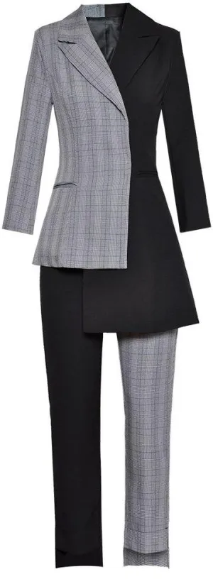 Contrasting Asymmetrical Blazer Jacket and Pant Suit