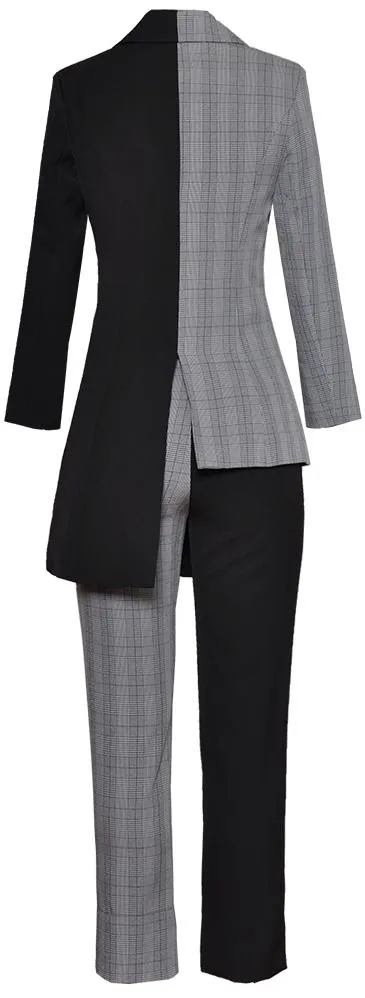Contrasting Asymmetrical Blazer Jacket and Pant Suit