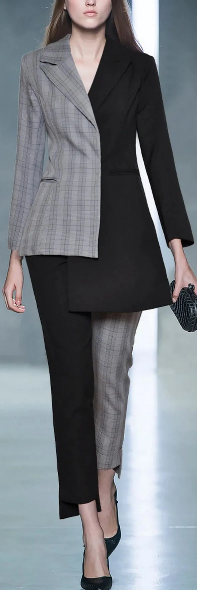 Contrasting Asymmetrical Blazer Jacket and Pant Suit