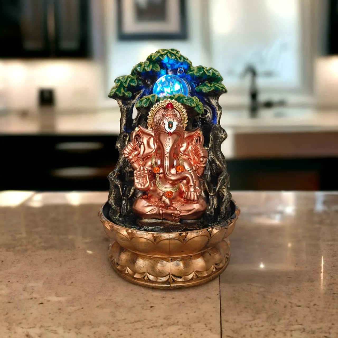 Decrosh Lord Ganesh Water Fountains with Crystal Ball | Multicolor LED Light Home Office Table Top Showpiece 8 X11.5 Inch