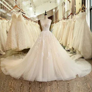Deep V-Neck  Lace Wedding Gown