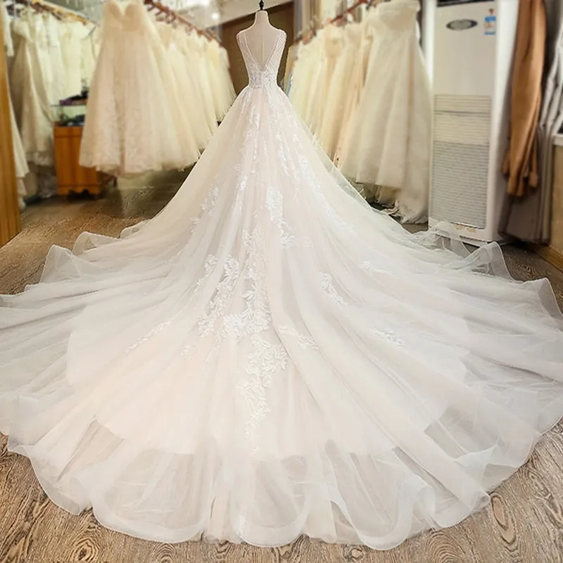 Deep V-Neck  Lace Wedding Gown