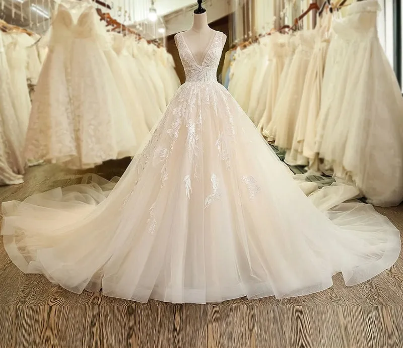 Deep V-Neck  Lace Wedding Gown