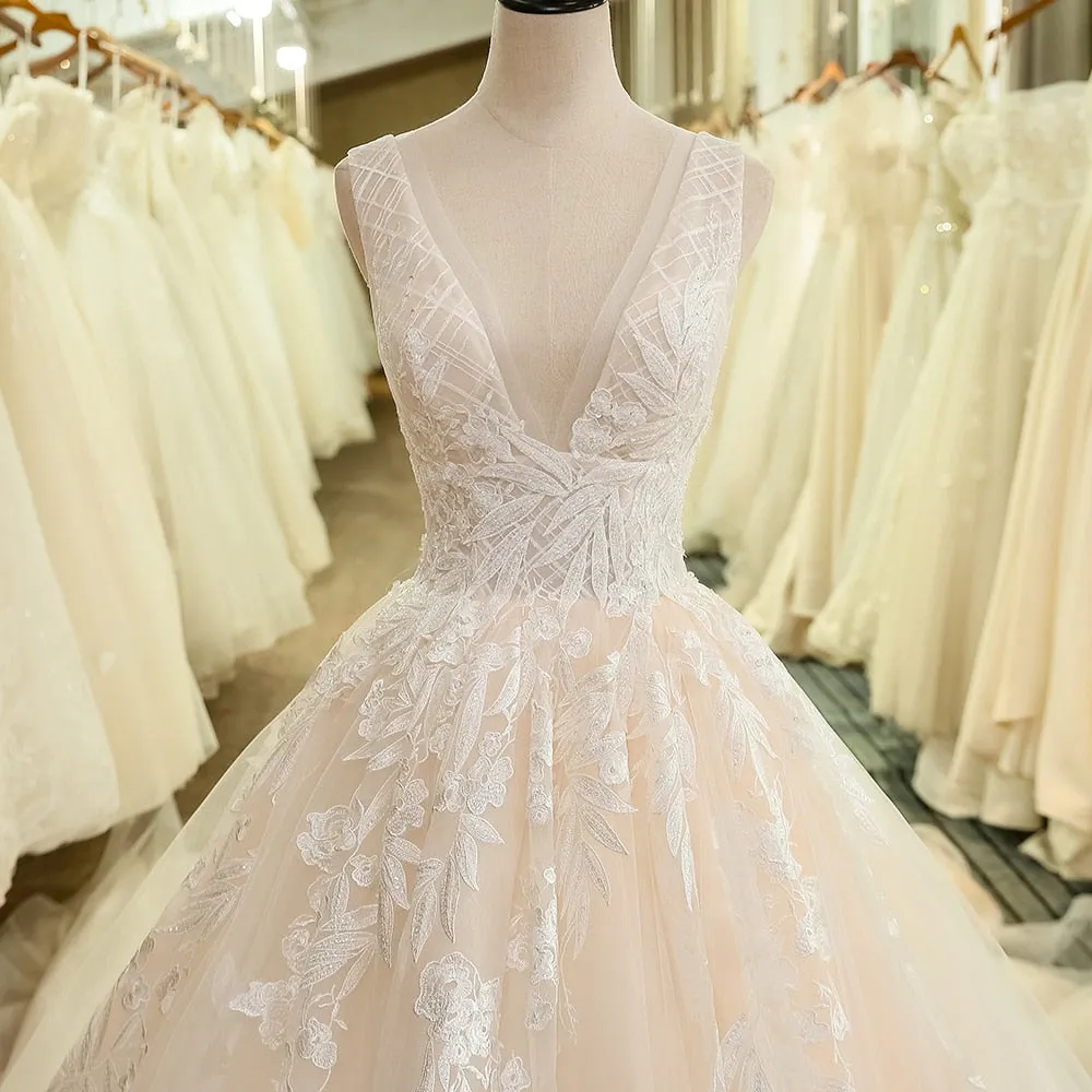 Deep V-Neck  Lace Wedding Gown