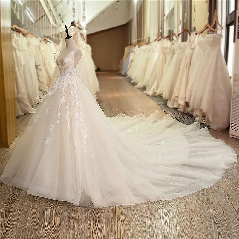 Deep V-Neck  Lace Wedding Gown