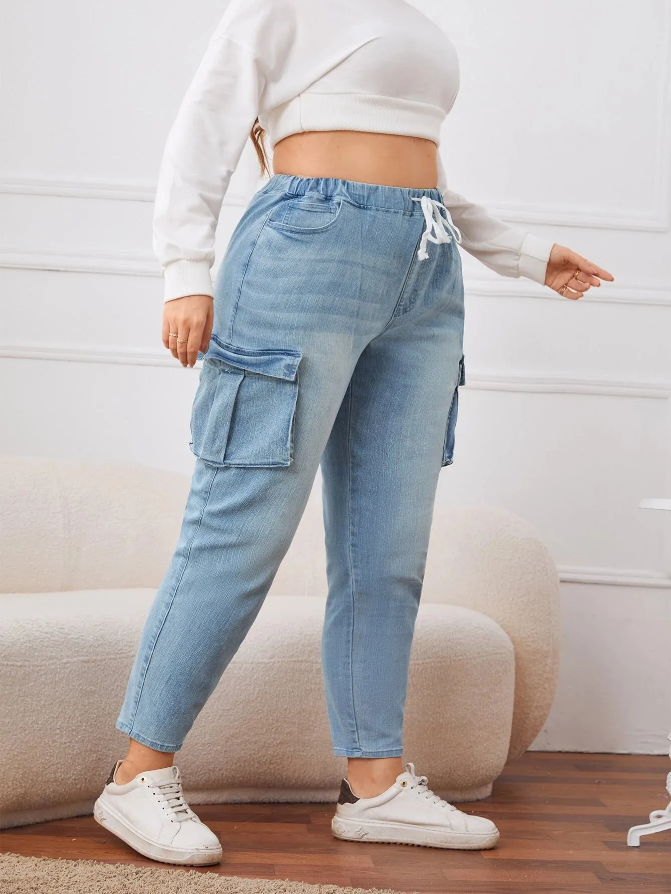 Drawstring Waist Flap Pocket Jeans