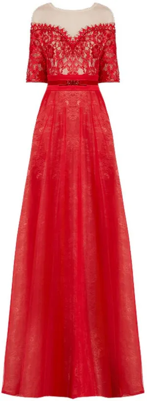 Embroidered Lace and Tulle Gown in Red