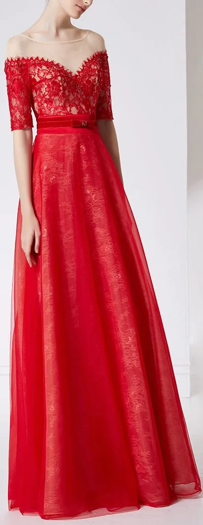 Embroidered Lace and Tulle Gown in Red