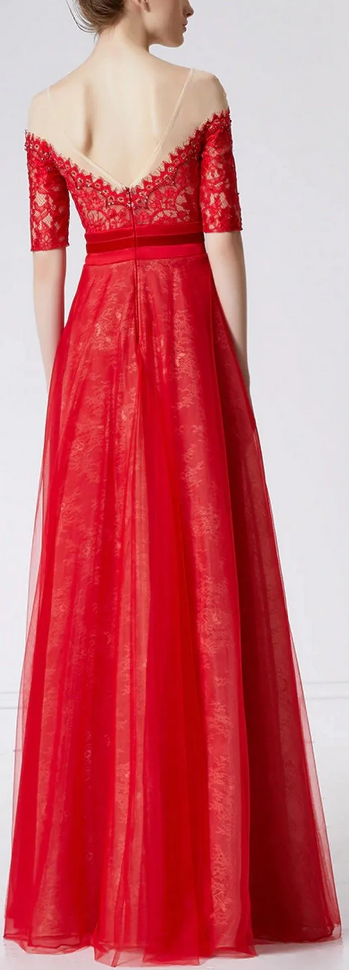 Embroidered Lace and Tulle Gown in Red