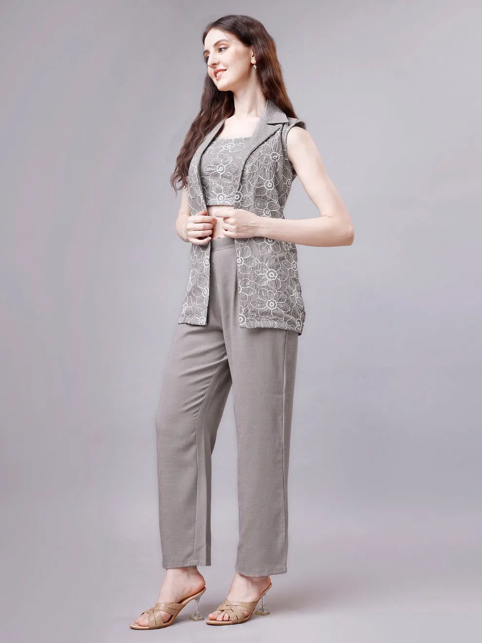 Ethereal Elegance Linen Ensemble: Embroidered Jacket, Crop Top & Pant