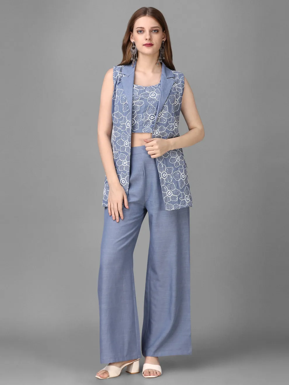 Ethereal Elegance Linen Ensemble: Embroidered Jacket, Crop Top & Pant