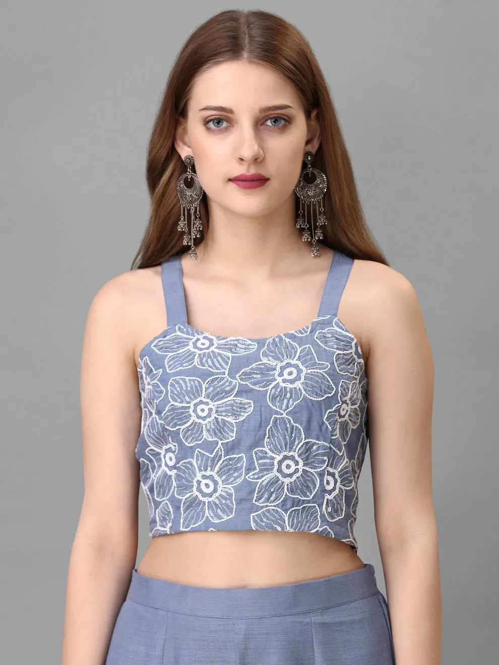 Ethereal Elegance Linen Ensemble: Embroidered Jacket, Crop Top & Pant