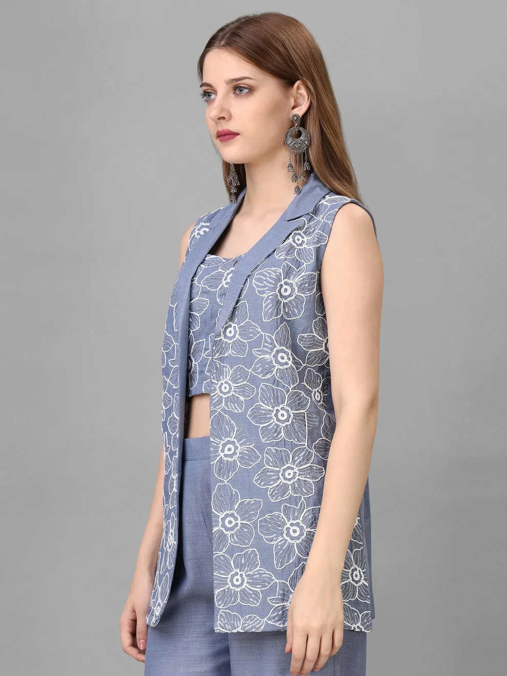 Ethereal Elegance Linen Ensemble: Embroidered Jacket, Crop Top & Pant