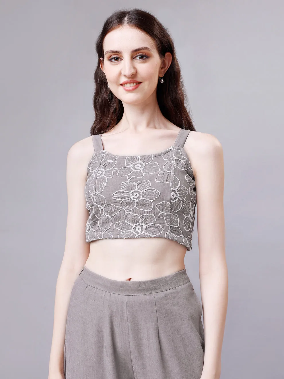 Ethereal Elegance Linen Ensemble: Embroidered Jacket, Crop Top & Pant