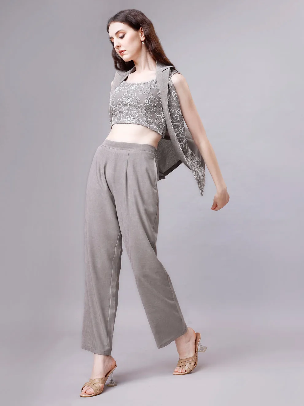 Ethereal Elegance Linen Ensemble: Embroidered Jacket, Crop Top & Pant