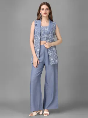 Ethereal Elegance Linen Ensemble: Embroidered Jacket, Crop Top & Pant