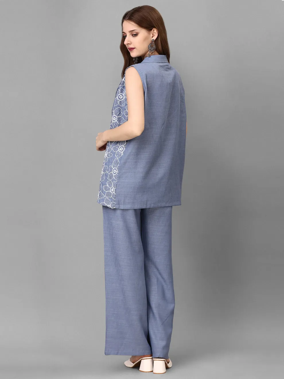 Ethereal Elegance Linen Ensemble: Embroidered Jacket, Crop Top & Pant