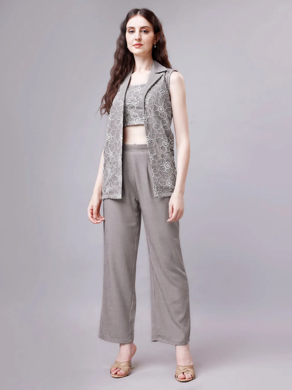 Ethereal Elegance Linen Ensemble: Embroidered Jacket, Crop Top & Pant