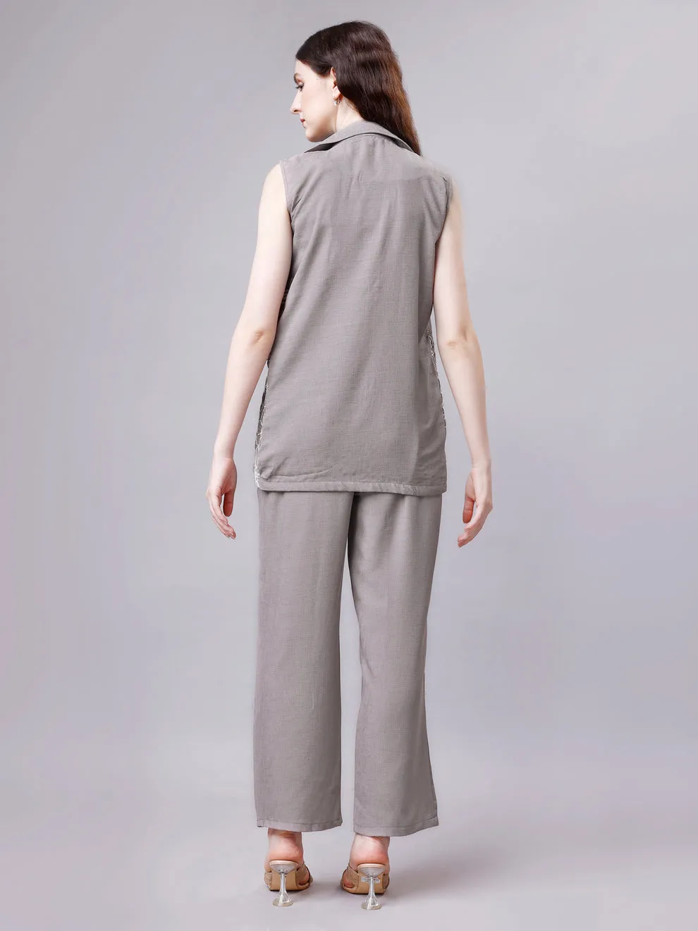Ethereal Elegance Linen Ensemble: Embroidered Jacket, Crop Top & Pant