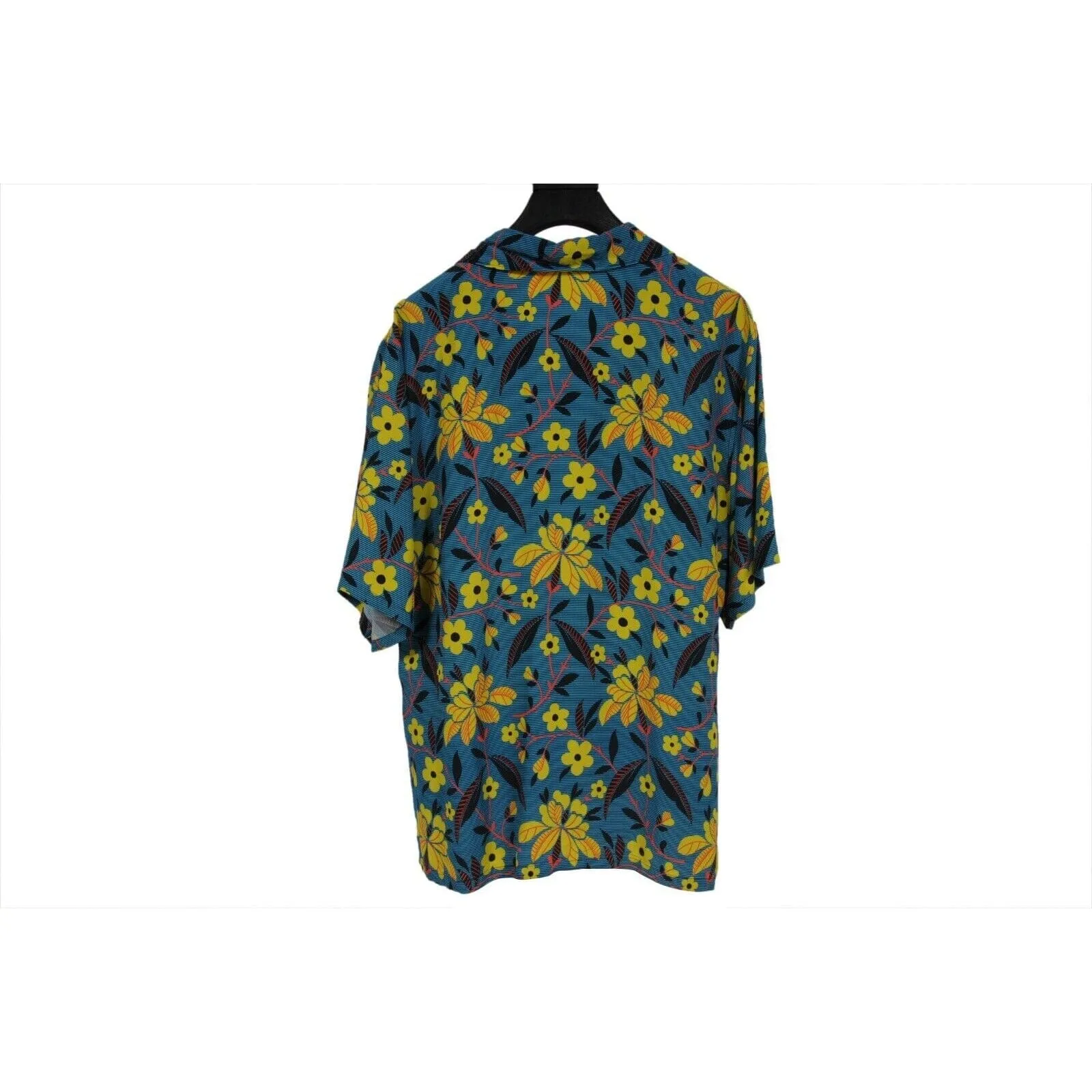 Floral Button Down Shirt Large Blue Yellow Viscose Short Sleeve Bowl