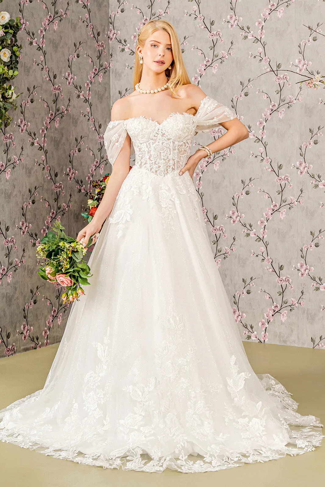 Floral Embroidery Sheer Bodice Mesh A-line Wedding Gown GLGL3480