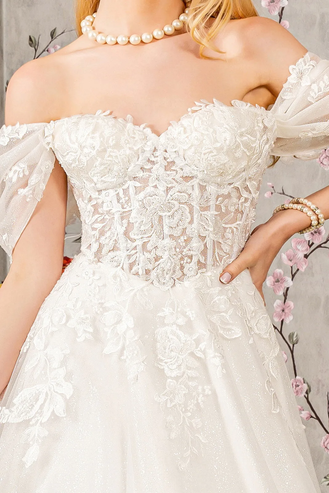 Floral Embroidery Sheer Bodice Mesh A-line Wedding Gown GLGL3480