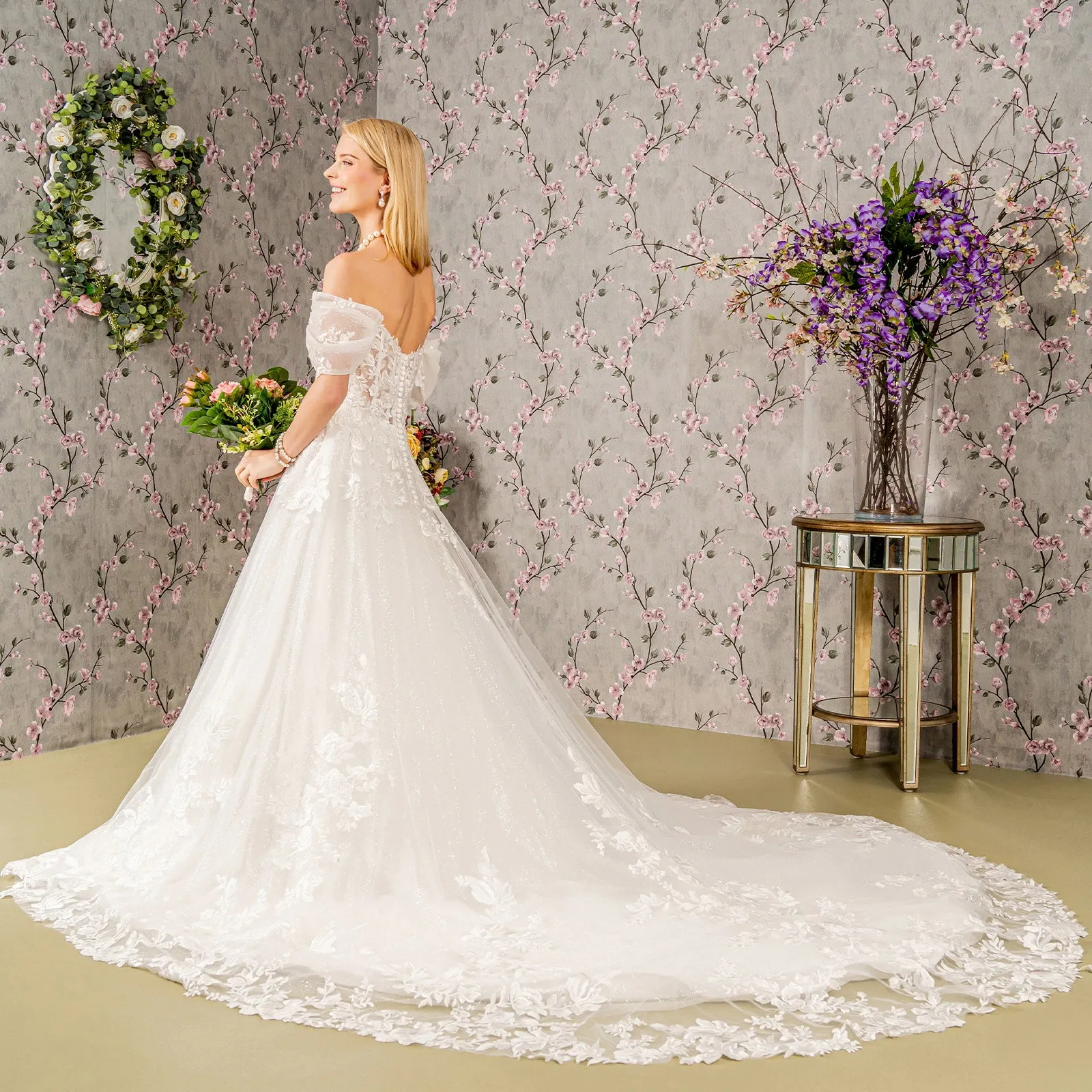 Floral Embroidery Sheer Bodice Mesh A-line Wedding Gown GLGL3480