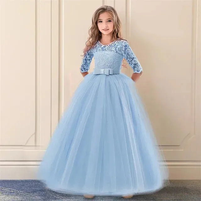 Flower Wedding Dress White First Communion Formal Long Lace Princess Prom Dress Long Gowns Kids Evening Formal Dress for Wedding