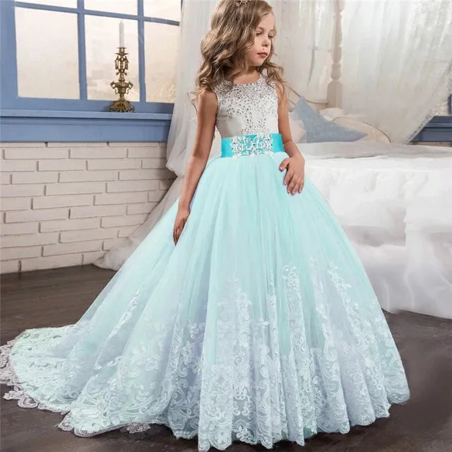 Flower Wedding Dress White First Communion Formal Long Lace Princess Prom Dress Long Gowns Kids Evening Formal Dress for Wedding