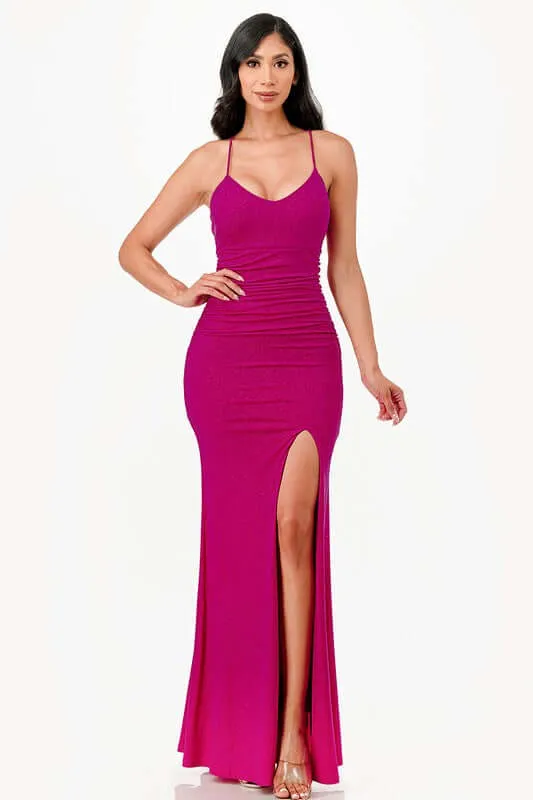 Glitter Back Lace-Up Mermaid Dress with Open Slit