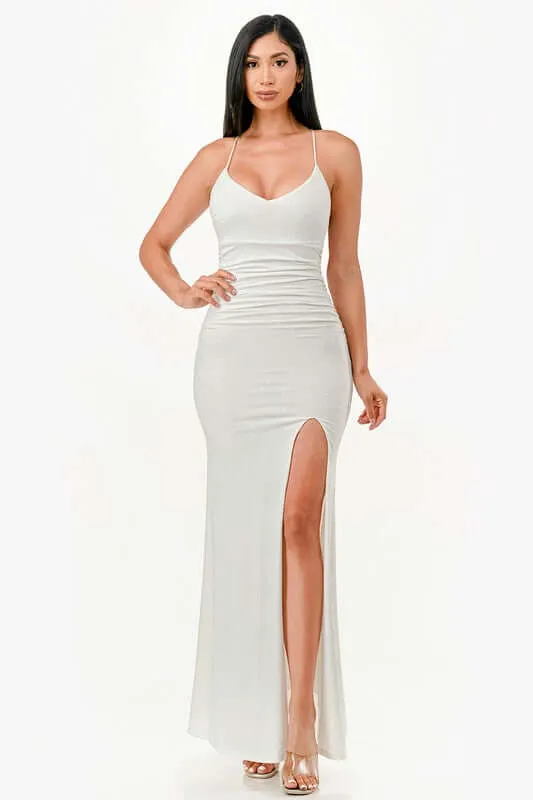 Glitter Back Lace-Up Mermaid Dress with Open Slit