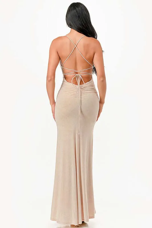 Glitter Back Lace-Up Mermaid Dress with Open Slit