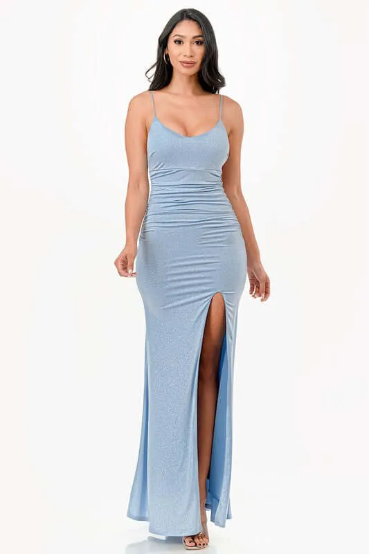 Glitter Back Lace-Up Mermaid Dress with Open Slit