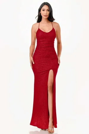 Glitter Back Lace-Up Mermaid Dress with Open Slit