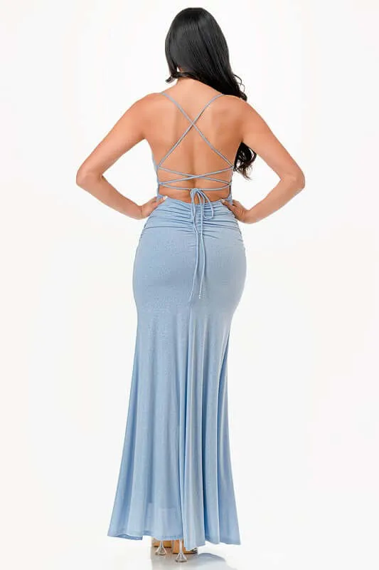 Glitter Back Lace-Up Mermaid Dress with Open Slit