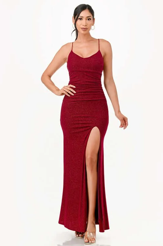 Glitter Back Lace-Up Mermaid Dress with Open Slit