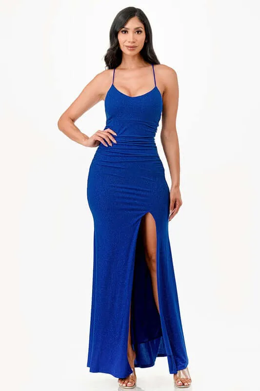 Glitter Back Lace-Up Mermaid Dress with Open Slit