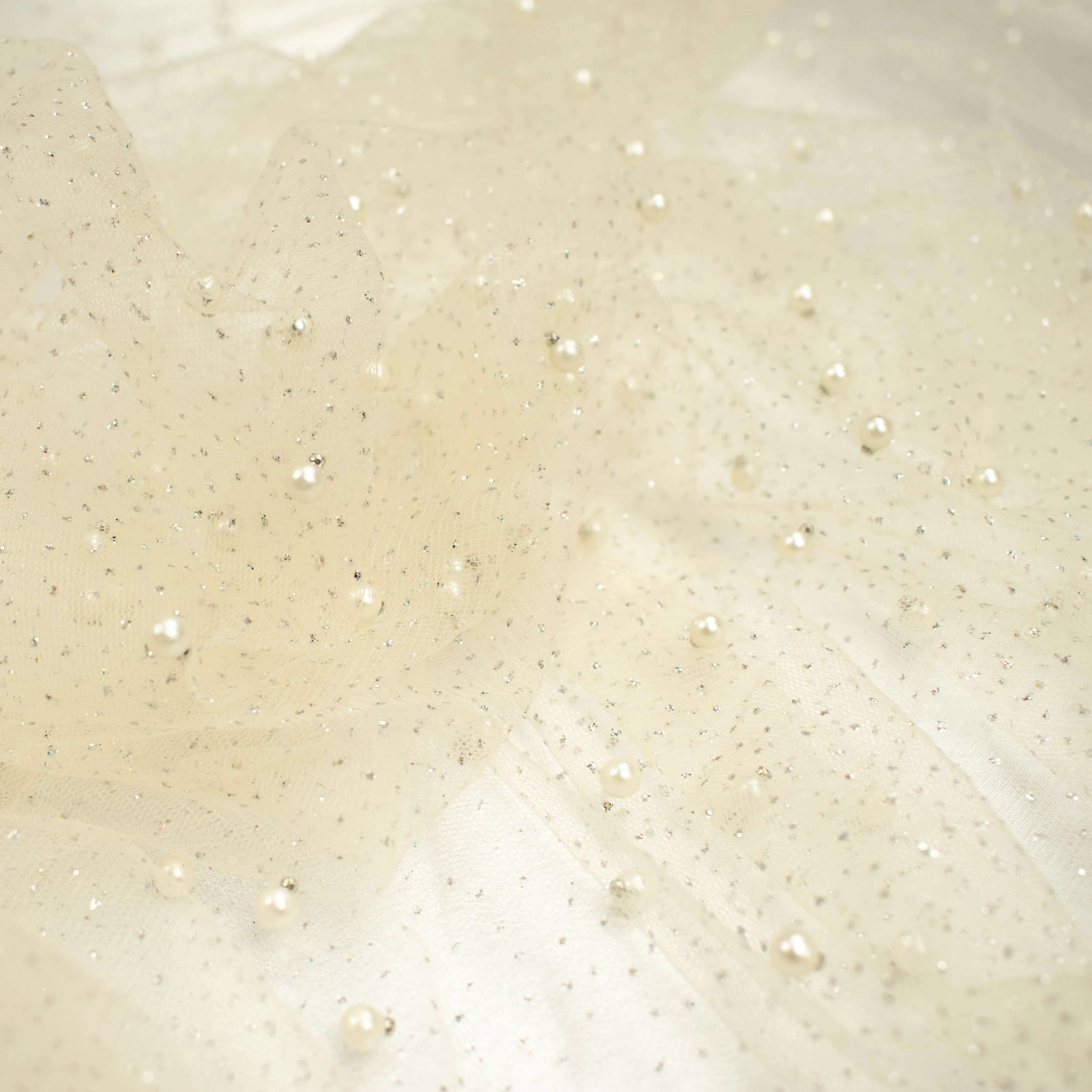 Glitter Tulle Pearl Netting Cream Silver