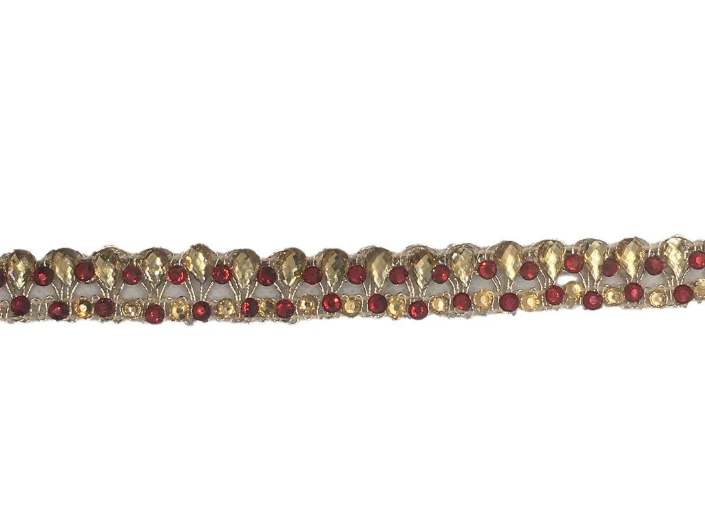 Golden Dark Red Drop Stone Work Embroidered Border