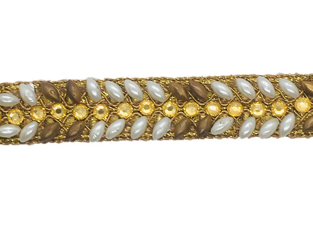 Golden White Designer Stone Work Embroidered Border