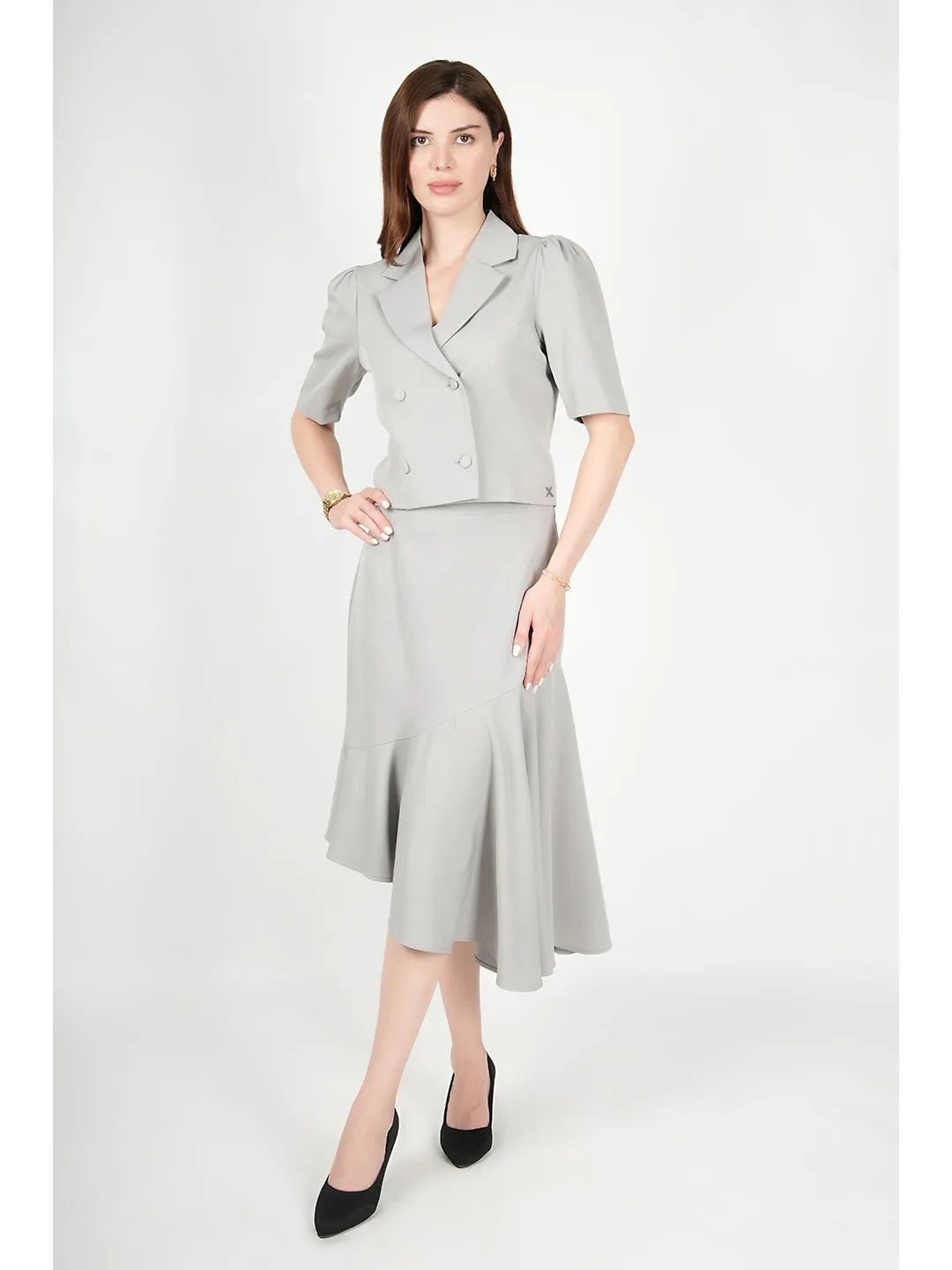Grey Blended Fabric Sunbeam Blazer Top With Skirt