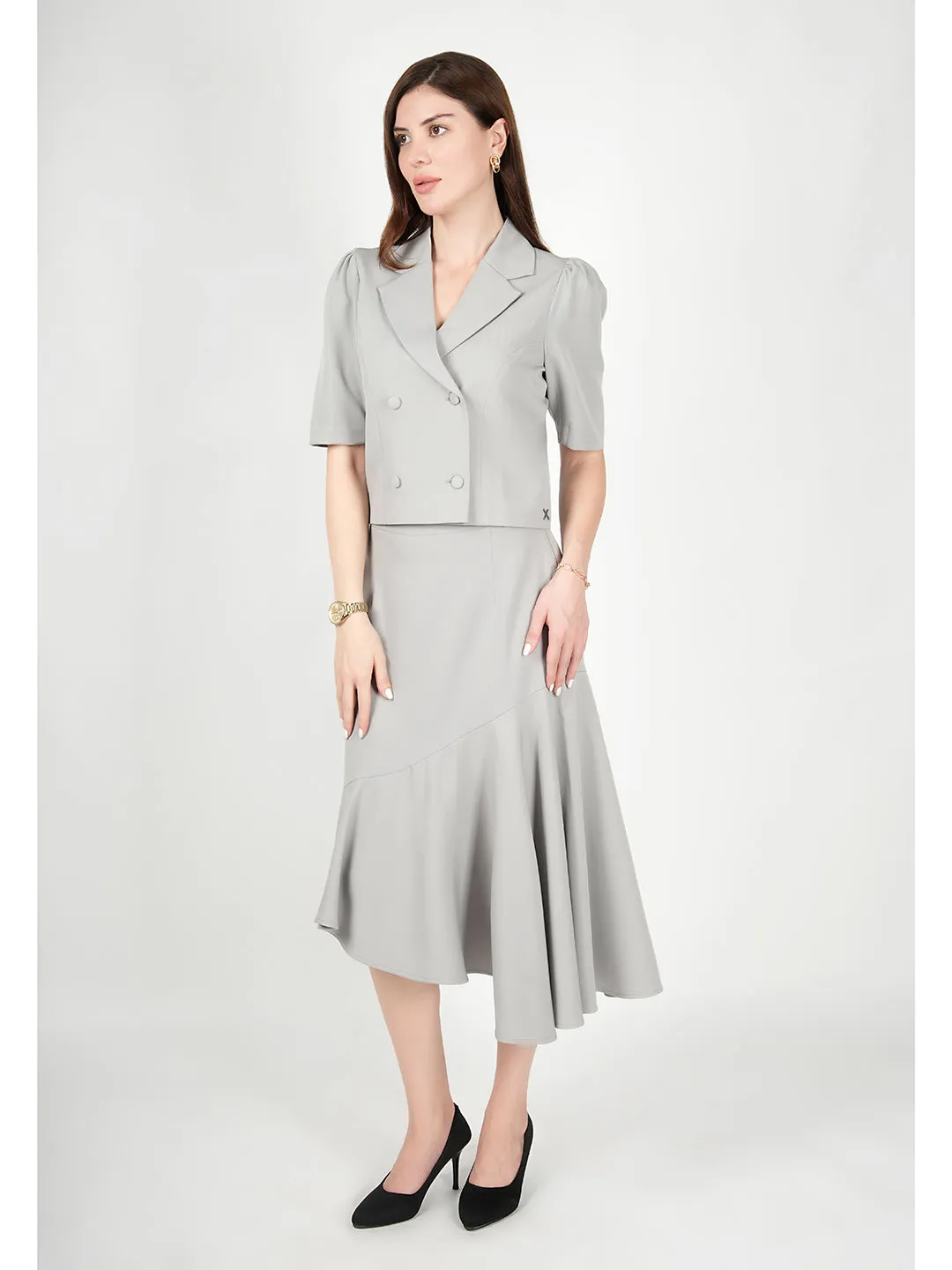 Grey Blended Fabric Sunbeam Blazer Top With Skirt