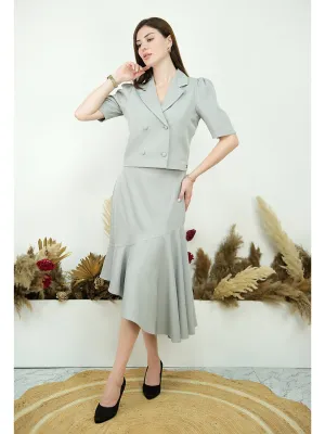 Grey Blended Fabric Sunbeam Blazer Top With Skirt