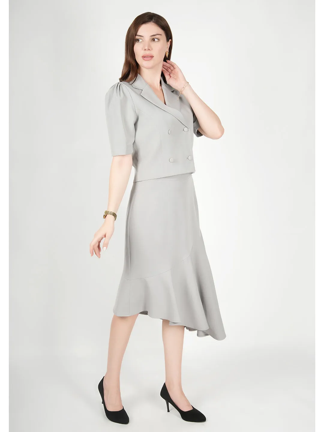 Grey Blended Fabric Sunbeam Blazer Top With Skirt