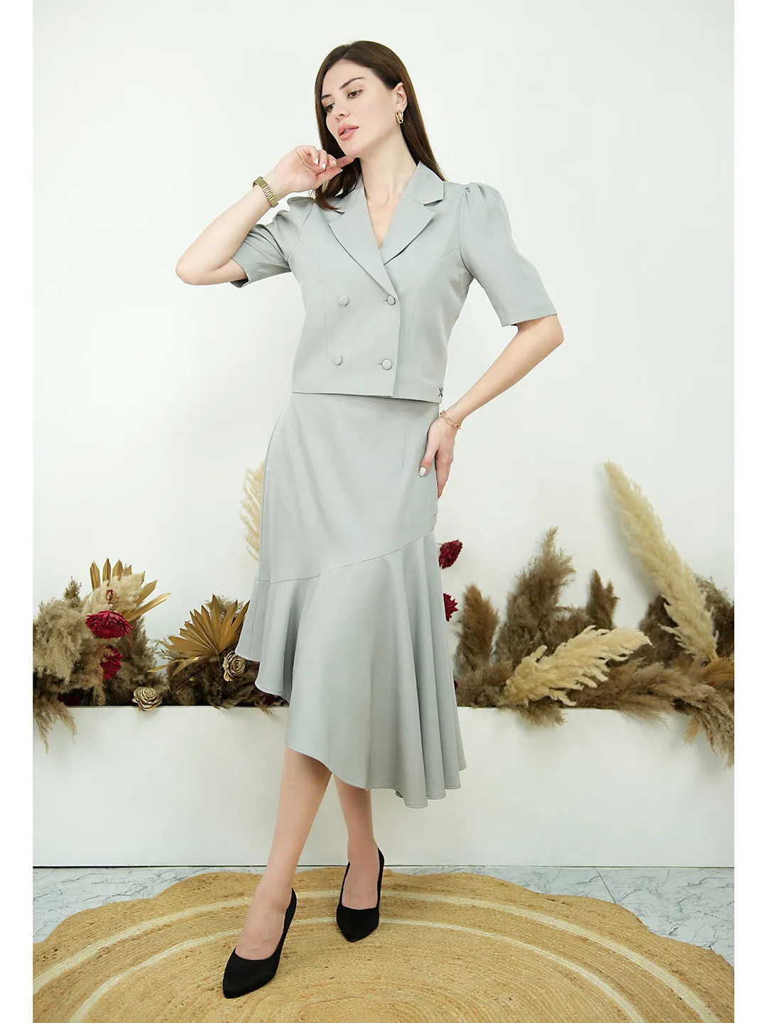 Grey Blended Fabric Sunbeam Blazer Top With Skirt