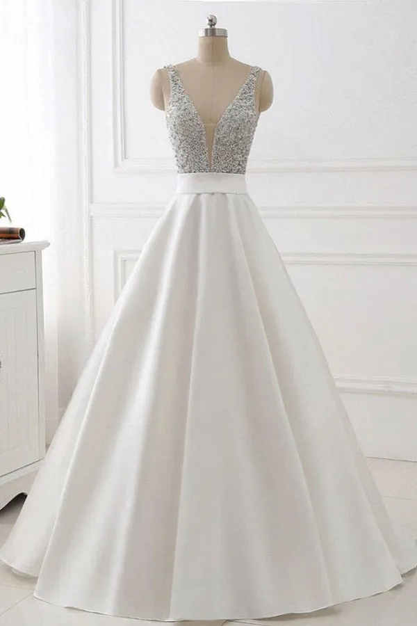 kamahe A Line Brush Train Deep V Neck Sleeveless Beading Prom Dresses
