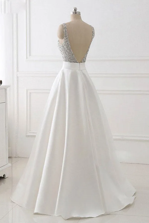 kamahe A Line Brush Train Deep V Neck Sleeveless Beading Prom Dresses