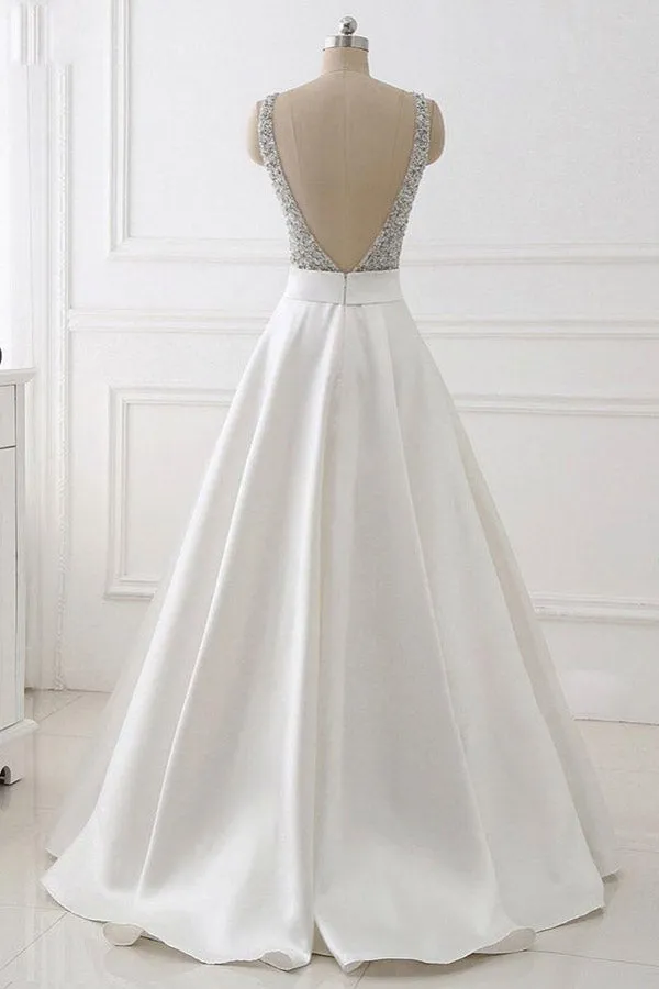 kamahe A Line Brush Train Deep V Neck Sleeveless Beading Prom Dresses