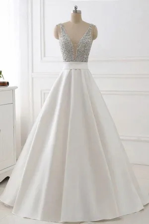 kamahe A Line Brush Train Deep V Neck Sleeveless Beading Prom Dresses